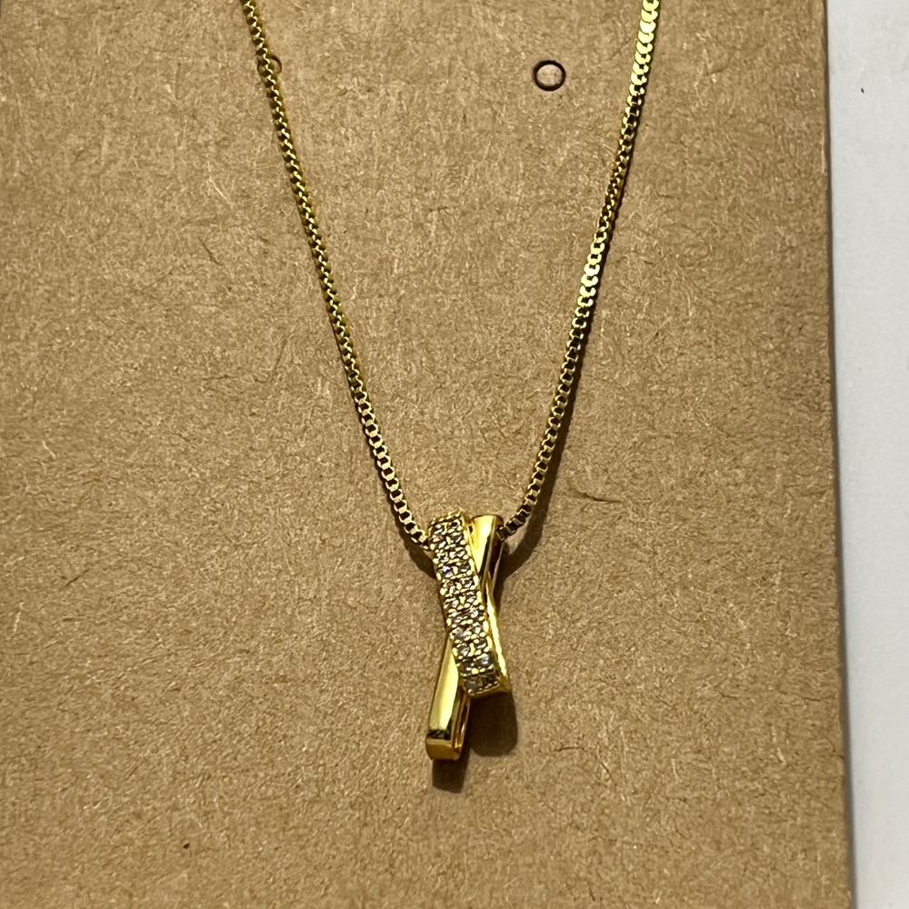 Gold‎ Tone Interlocking Bar Pendant Necklace with Pavé Crystals Box Chain - Picture 4 of 6